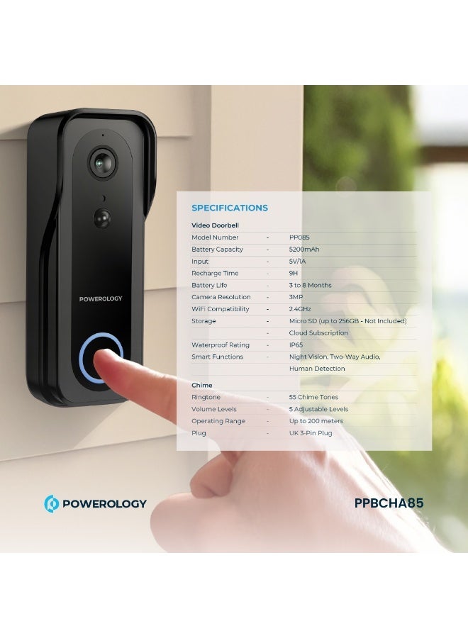 باورولوجي كاميرا جرس باب ذكي 3 ميجابكسل مع جرس مناسب للليل، صوت، جرس باب، 33 نغمة جرس، مقاوم للماء، كاميرا 3 ميجابكسل، جرس باب آمن - أسود. - Image 2